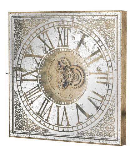 large mirrored square frame clock with moving mechanism, this is large and heavy can be hung on a wall or sit on a console table  leaning up against a wall. 