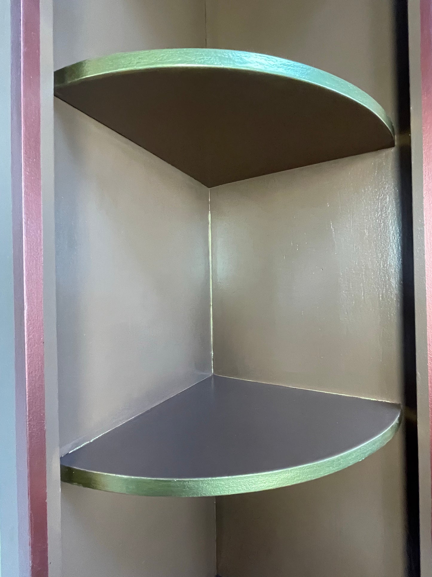 Brown Gold Copper Painted Vintage Corner Unit, Cabinet. Display Shelving - Unique Home Pieces