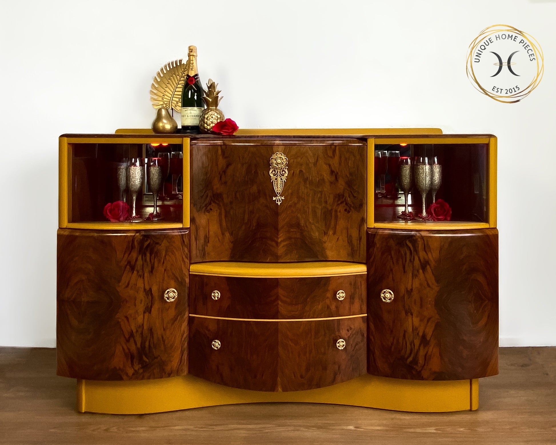 Yellow Walnut Beautility Bar Cocktail Cabinet - Unique Home Pieces