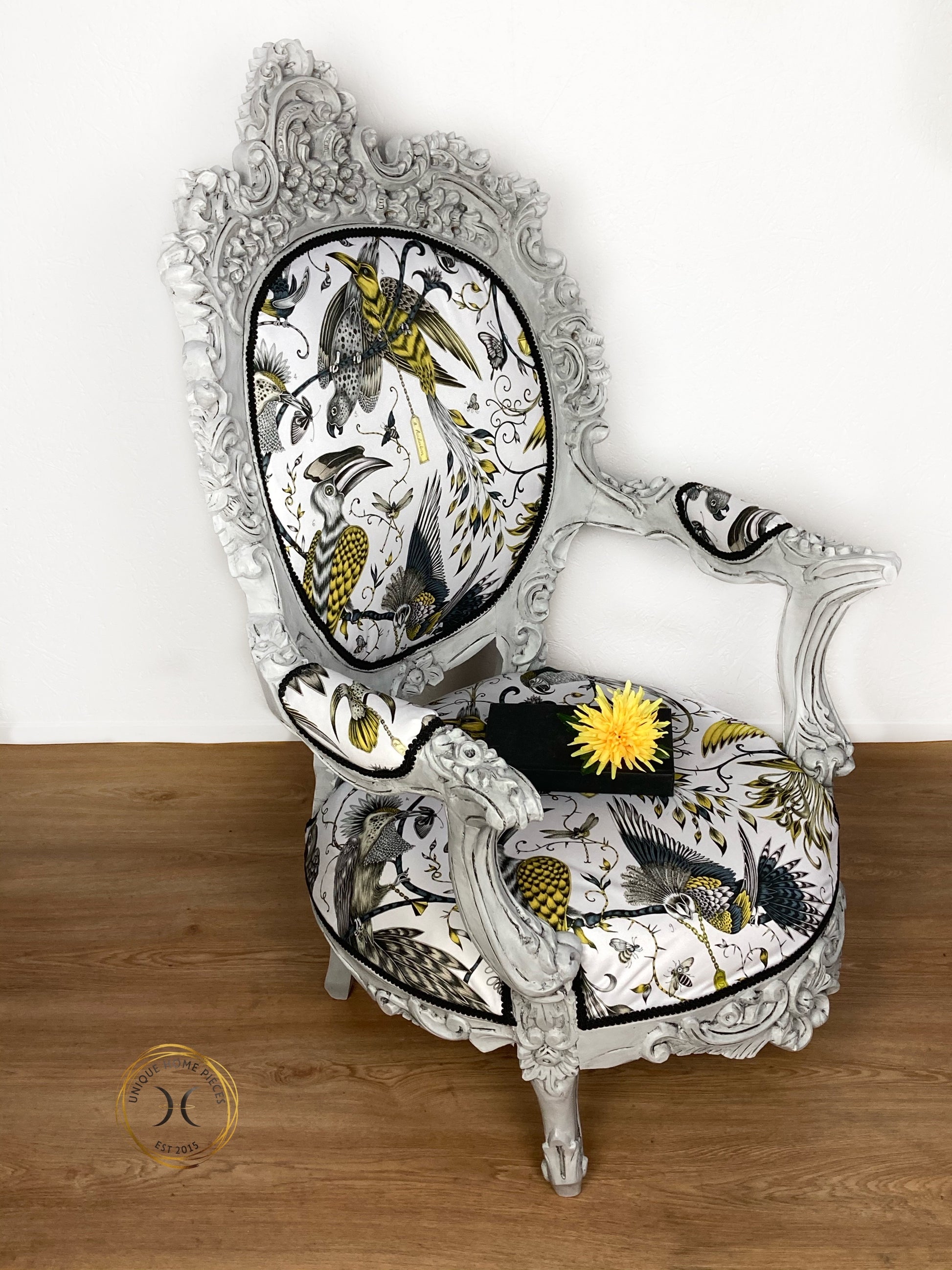 Hand Carved Grey Queen Throne With  Emma Shipley Fabric - Unique Home Pieces