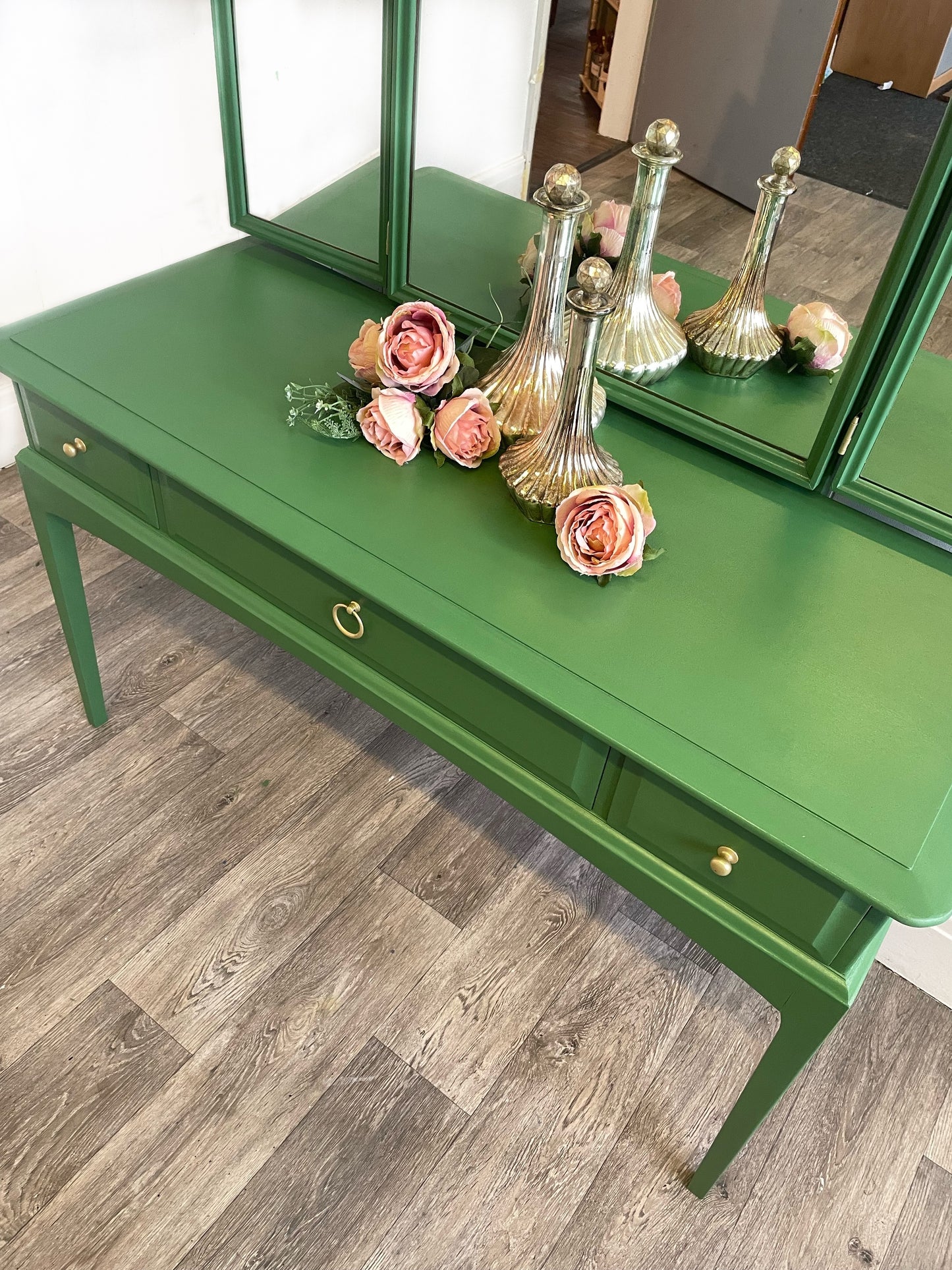 Sold Stag Vintage 3 Mirrored Green Dressing Table, 3 Drawer Dressing Table