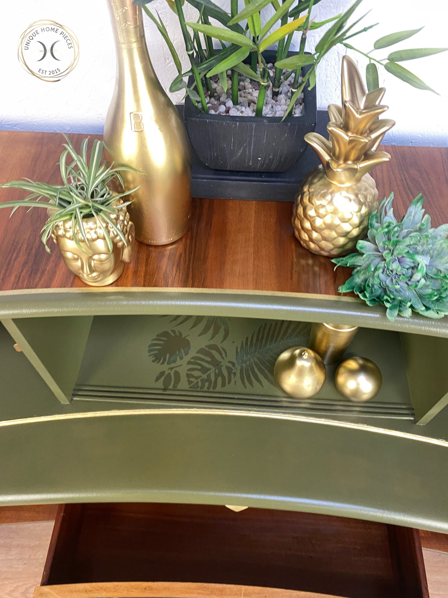 Walnut Teak Olive Green Cocktail Cabinet Bar Sideboard - Unique Home Pieces