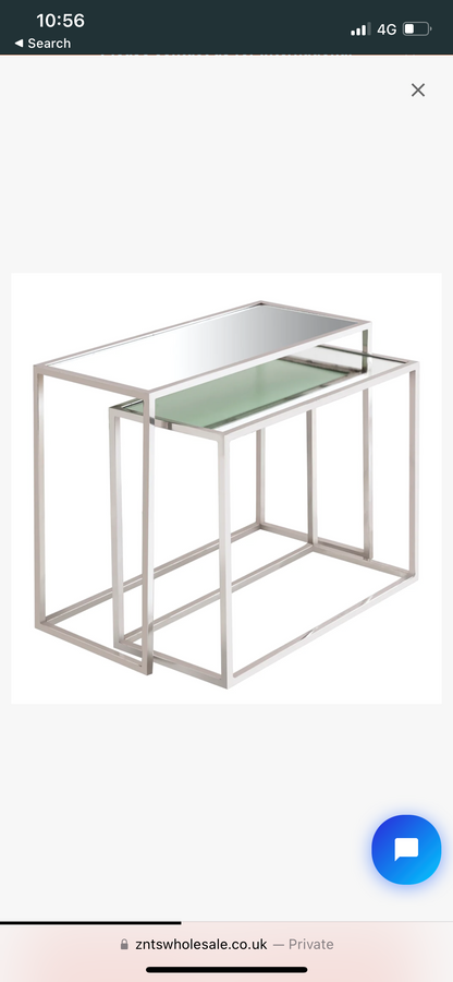 Set of Two Silver Mirrored Glass Side Accent Tables, Nest of Tables