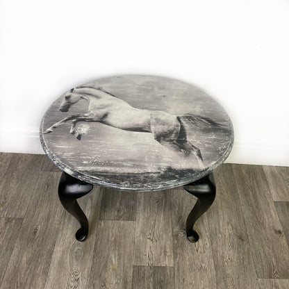 Galloping White Horse Coffee Table, Black Side Table, Decoupaged Horse Accent Table - Unique Home Pieces