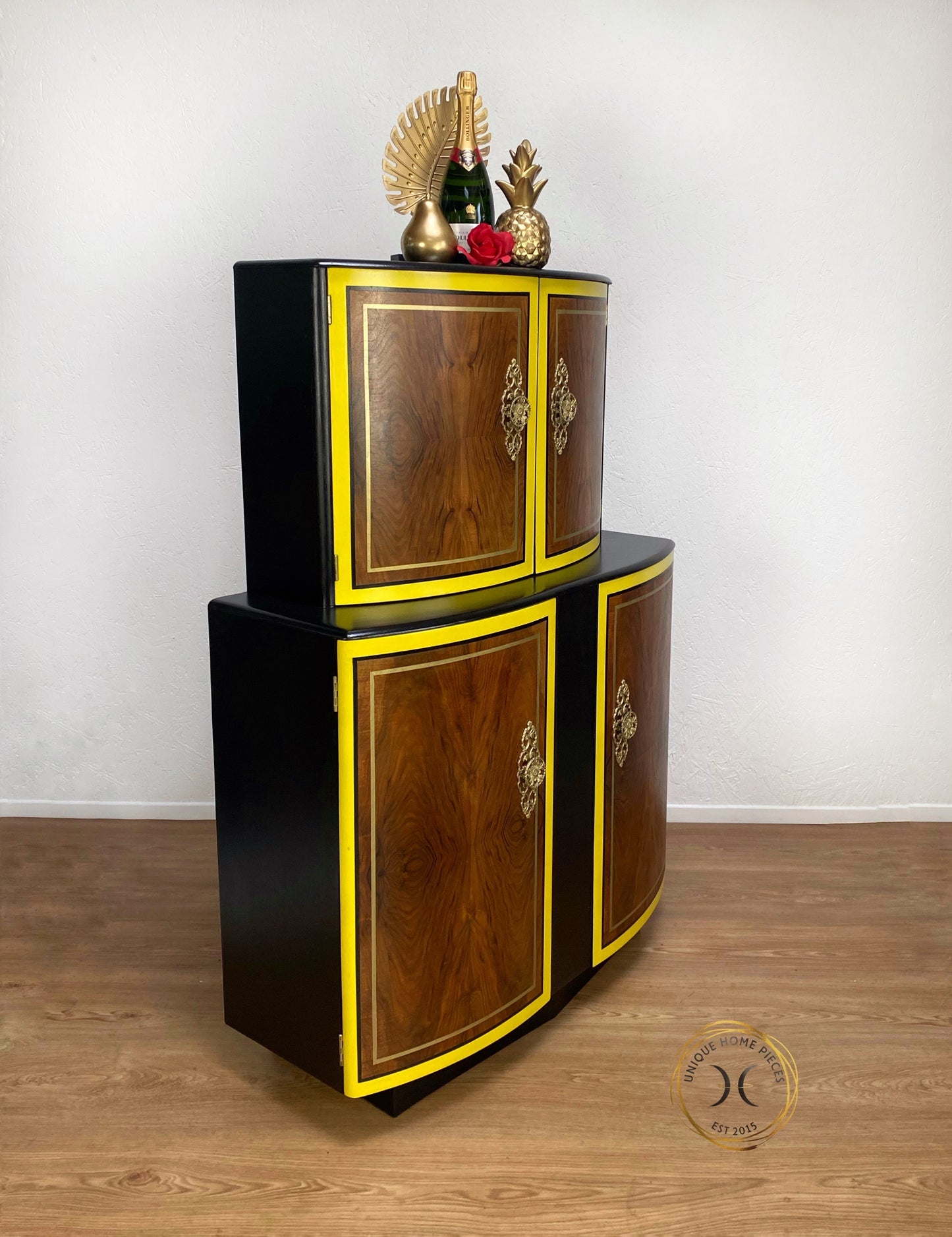 Bow Fronted  Drinks Black/Yellow Walnut Cocktail Cabinet Bar - Unique Home Pieces